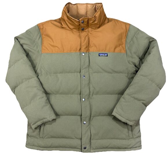 Patagonia Men's Bivy Down Jacket Size XL Green & Tan Winter Outdoors Snap Zip